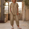 Women's Lapel Button-Up Top & Pants Two-Piece Set – Three-Quarter Sleeve by FitiqueFit