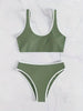 Bikini Scoop Neck Contrast Trim 2 Piece Swimsuit for Women – High Stretch Casual Bikini Set with Scallop Edge Detail and Matching Swim Briefs – Stylish Solid Color Swimwear for Beach Days Pool Lounging and Summer Vacations by Stevvex