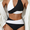 Bikini Black and White Contrast Color Criss Cross Neck 2 Piece Swimsuit for Women – Stylish Medium Stretch Two-Tone Bikini Set with Unique Neckline and Flattering Fit – Modern Swimwear for Beach Days, Pool Lounging, and Summer Escapes by Stevvex