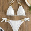 Bikini Ruched Texture Golden Chain 2 Piece Triangle Swimsuit for Women – Striped Halter Bikini Set with Bow Tie Side and Elegant Ring Link Detail – Stretchy Beachwear for Pool Bathing and Summer Vacations by Stevvex