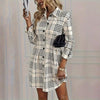Elegant Plaid Shirt Dress — Ruched Waist A-Line Mini with Long Sleeves by FitiqueFit