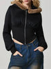 Black Fuzzy Hem Hooded Zip-Up Jacket With Long Sleeves and Casual Style Jacket by Stevvex