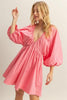 Plunge Balloon Sleeve Poplin Mini Dress with Pockets –Bold, Chic, Sexy and Trendy Plunge Neckline Dress with Balloon Sleeves and Functional Pockets by Stevvex