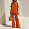 Women's Off-Shoulder Short-Sleeve Linen Blend Pantsuit Set by FitiqueFit