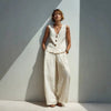 Linen Blend V-Neck Buttoned Vest & High-Waist Wide-Leg Pants Set – 5 Colors S–3XL by FitiqueFit