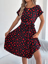 Casual Contrast Color Love Heart Short Sleeve Waist-controlled Pleated Dress