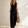 Women's Button-Up Cardigan Vest & Pants Set – Sleeveless Two-Piece by FitiqueFit
