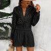 Women's Solid Color Elegant V-Neck Lace Long Sleeve Blouse & Shorts Set by FitiqueFit