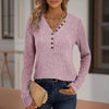 Women's Solid Color Button V-Neck Long Sleeve Knit Top by FitiqueFit