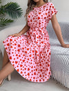 Casual Contrast Color Love Heart Short Sleeve Waist-controlled Pleated Dress