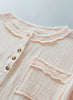 Parchment Crinkle Textured Frayed Trim Half Button Short Sleeve Top