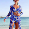 Luxe Lines 3-Piece Geometric Bikini Set for Women – High Rise Drawstring Bikini with Boxer Shorts & Long Sleeve Sheer Kimono Cover-Up – Bold & Breezy Women’s Swimwear for Summer Beach Pool & Getaways by Stevvex