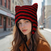 Women’s Hand Knitted Striped Cat Hat – Cute Warm Winter Beanie by FitiqueFit