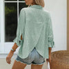 Women’s Striped V‑Neck Blouse with Ruffled Cuffs & Tie‑Back Slit by FitiqueFit
