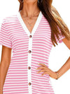Contrast Striped V-Neck Short Sleeve Midi Dress