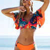 Bloom Day Ruffle Bikini Set – Chic Elegant Plant Print V-Neck Swimsuit with Tie-Back and High-Stretch Ruffle Trim – Women's 2-Piece Swimwear for Poolside Style & King’s Day Celebrations by Stevvex