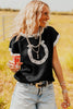 Black Horse Shoe Pattern Contrast Trim Short Sleeve Sweater by Wild and Free Boutique