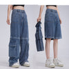 Two-way Detachable Tooling Style Worn Jeans Men And Women