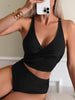 Bikini Solid Black Twist Front High Waist 2 Piece Swimsuit for Women – Stretchy V Neck Bikini Set with Ruched Tummy Control and Cross Strape Detail – Quick Drying Polyamide Swimwear for Beachwear Poolside and Summer Travel by Stevvex