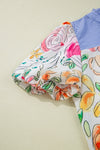 Floral Striped Yoke Frilled Tie Neck Puff Short Sleeve Blouse