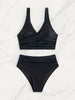Bikini Solid Black Twist Front High Waist 2 Piece Swimsuit for Women – Stretchy V Neck Bikini Set with Ruched Tummy Control and Cross Strape Detail – Quick Drying Polyamide Swimwear for Beachwear Poolside and Summer Travel by Stevvex