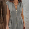 Women’s Short Button Front Jumpsuit – V-Neck Patchwork Romper by FitiqueFit