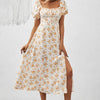 Square Neck Floral Print Dress With Puff Sleeves & Side Slit Maxi Dress by FitiqueFit