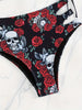 Bikini Skull Print Hollow-Out 2 Piece Swimsuit for Women – Sexy Lace-Up Floral Tie Bathing Suit with Crew Neck – High Stretch Halloween Inspired Bikini Set for Beach Party, Festival, and Summer Vacation by Stevvex