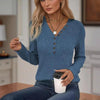 Women's Solid Color Button V-Neck Long Sleeve Knit Top by FitiqueFit