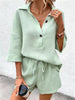 Women's Notch-Lapel Short-Sleeve Top & Belted Shorts Two-Piece Set by FitiqueFit