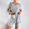 Women’s Ribbed Knit V‑Neck Tee & Shorts Lounge Set by FitiqueFit