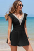 Black Ruffled Short Sleeve Lace Trim V Neck One Piece Swim Dress by Wild and Free Boutique