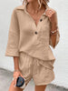Women's Lapel Collar Double-Panel Shirt & Shorts Two-Piece Set by FitiqueFit
