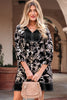 Black 3/4 Sleeve Botanical Print Split Neck Loose Mini Dress by Wild and Free Boutique