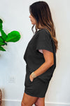 Black 2pcs Solid Textured Drawstring Shorts Set