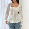 Women’s Square Neck Eyelet Lace Blouse – Puff Sleeve Hollow-Out Button Top by FitiqueFit