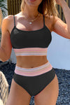 Sky Blue Striped Patchwork Spaghetti Strap High Waist Bikini Swimsuit