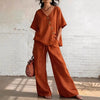 Women's Loose Cotton-Linen V-Neck Top & Wide-Leg Pants Set by FitiqueFit