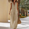 Women's Sleeveless Cotton-Linen Wide-Leg Jumpsuit – Button Pockets by FitiqueFit