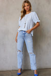 Light Blue Boho Floral Print Smocked Puff Sleeve Blouse