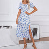 Square Neck Floral Print Dress With Puff Sleeves & Side Slit Maxi Dress by FitiqueFit