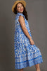 Blue Full Size Two-Tone Print Ruffle Cap Sleeve Midi Dress Plus Size Statement Piece Dress by Stevvex