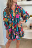 Green 60s Flower Print Ruffle Trim V Neck Mini Dress