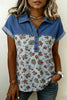 Gray Retro Floral Print Denim Patchwork Buttoned Polo Collar Top by Wild and Free Boutique