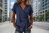 Women's Casual Lapel Collar Lace-Up Short-Sleeve Linen Top by FitiqueFit