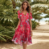 Floral Print A-Line Dress – V-Neck Short Sleeve Midi Dress by FitiqueFit