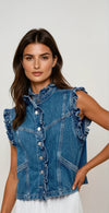 Victorian Muse Ruffle-Trim Denim Vest – High Collar Statement Layer