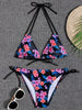 Sunset Bloom 2-Piece Triangle Bikini Set for Women – Vibrant Random Floral Print Halter Neck Swimsuit with Tie-Back Tie-Side Bottoms & High Cut Legs – Women's High-Stretch Swimwear for Summer Beach Escapes by Stevvex