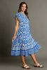 Blue Full Size Two-Tone Print Ruffle Cap Sleeve Midi Dress Plus Size Statement Piece Dress by Stevvex