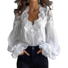 Womens Lace-Patchwork Ruffle-Shoulder Pleated Shirt by My Store